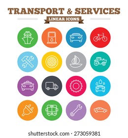 Transport and services linear icons set. Ship, car and public bus, taxi. Repair hammer and wrench key, wheel and cogwheel. Sailboat and bicycle. Thin outline signs. Flat circles vector