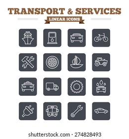 Transport and services linear icons set. Ship, car and public bus, taxi. Repair hammer and wrench key, wheel and cogwheel. Sailboat and bicycle. Thin outline signs. Flat square vector