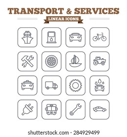 Transport and services linear icons set. Ship, car and public bus, taxi. Repair hammer and wrench key, wheel and cogwheel. Sailboat and bicycle. Thin outline signs. Flat square vector