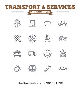 Transport and services linear icons set. Ship, car and public bus, taxi. Repair hammer and wrench key, wheel and cogwheel. Sailboat and bicycle. Thin outline signs. Flat vector
