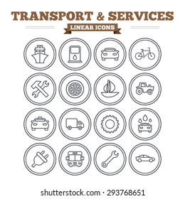 Transport and services linear icons set. Ship, car and public bus, taxi. Repair hammer and wrench key, wheel and cogwheel. Sailboat and bicycle. Thin outline signs. Flat vector