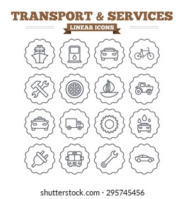 Transport and services linear icons set. Ship, car and public bus, taxi. Repair hammer and wrench key, wheel and cogwheel. Sailboat and bicycle. Thin outline signs. Flat vector
