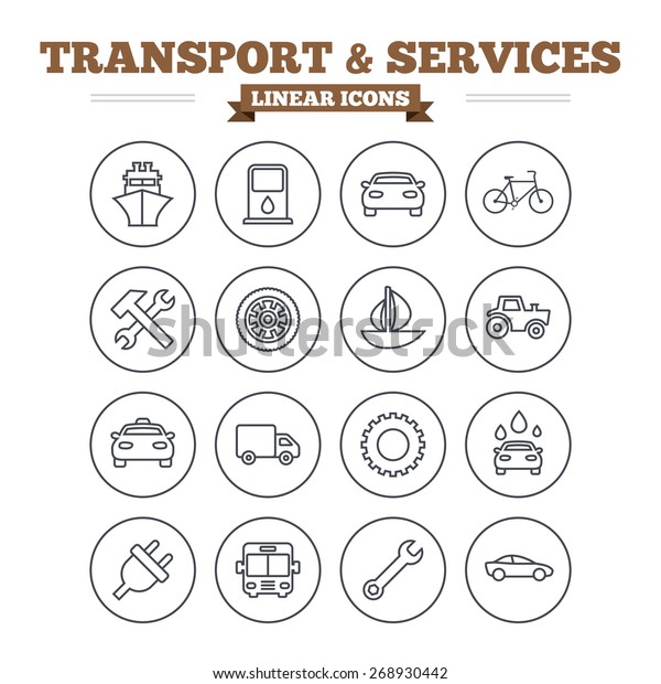 Transport and\
services linear icons set. Ship, car and public bus, taxi. Repair\
hammer and wrench key, wheel and cogwheel. Sailboat and bicycle.\
Thin outline signs. Flat\
vector