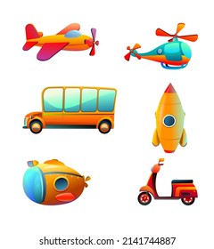 Transport set. Airplane and helicopter. Bus, motorcycle scooter and submarine. Space rocket. Cartoon style illustration. Cute childish. Isolated on white background. Vector.