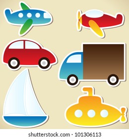 Transport set - cartoon car, truck, submarine, ship, plane