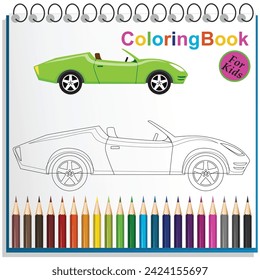 Transport set. Collection of vehicles. Funny cartoon car. Isolated. Colored, outline and colored with stroke vector illustration.
