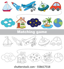 Transport set to find the appropriate couple of objects, to compare and connect objects and their relevant pairs, the matching educational kid game with simple gaming level for preschool kids.