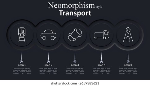 Transport set icon. Train front, car side, top-down car network, delivery truck, road with pin illustrate transit, routes, vehicle types, tracking, and transportation systems