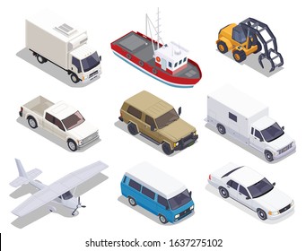 Transport set of isolated isometric icons of cars trucks airplane and boat images on blank background vector illustation