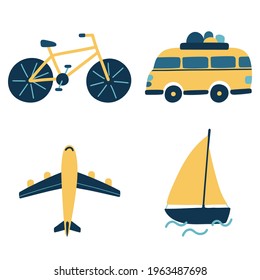 Transport set. Isolated vector elements, objects on a white background. Airplane and mobile home and bike and boat. Illustrations drawn by hands in flat.