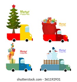 Transport set  Merry Xmas. Machine carries Christmas tree with star. Truck and red Santa bag. Car and lots gifts for children. Snowman in lorry. Collection illustrations and new year. 