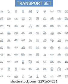 Transport set outline icons collection. Transport, Set, Vehicles, Travel, Haulage, Logistics, Wheels vector illustration set. Cargo, Shipping, Railway line signs