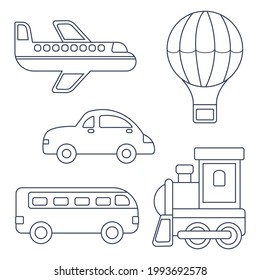 Juego de transporte. Libro de coloración de vectores para niños