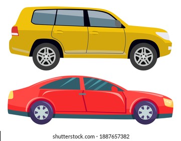 Transport set vector, isolated muscle cars transportation. Jeep or hotrod automobile, driving vehicles, oldschool type automobiles, yellow auto illustration in flat style design for web, print