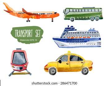 Transport set. Vector watercolor illustration.