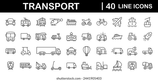 Conjunto de transporte de iconos web en estilo lineal. Iconos de transporte, vehículo y entrega para web y aplicación móvil. Transporte público, coche, bicicleta, tren, bicicleta, avión, autobús, metro, barco, bulldozer, helicóptero