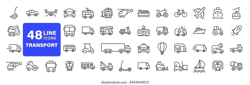 Transport set of web icons in linear style. Transport, vehicle and delivery icons for web and mobile app. Public transport, car, bike, train, bicycle, plane, bus, metro, ship, bulldozer, helicopter