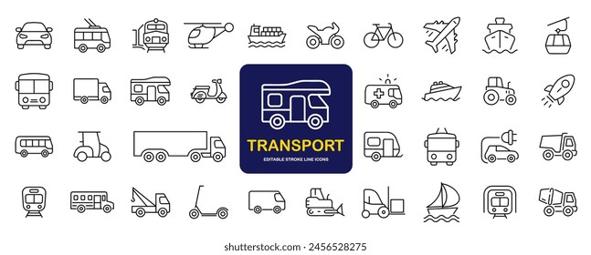 Conjunto de transporte de iconos web en estilo lineal. Iconos de transporte, vehículo y entrega para Web y App móvil. Transporte público, coche, bicicleta, tren, bicicleta, avión, autobús, metro, barco, bulldozer, helicóptero