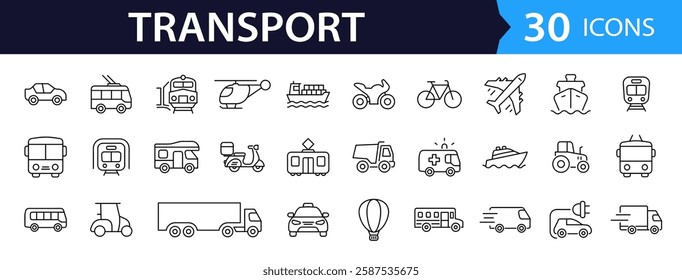 Transport set of web icons in linear style. Transport, vehicle and delivery icons for web and mobile app. Public transport, car, bike, train, bicycle, plane, bus, metro, ship, bulldozer, helicopter