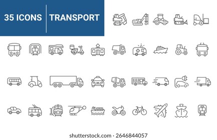 Transport set of web icons in linear style. Transport, vehicle and delivery icons for web and mobile app. Public transport, car, bike, train, bicycle, plane, bus, metro, ship, bulldozer, helicopter