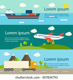 Transport, shipment, cargo web banners set. Transportation by air, water, and truck , vector illustration