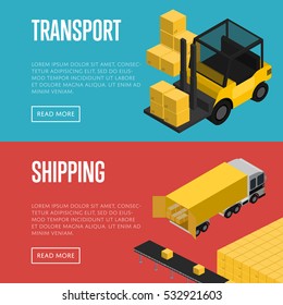 Transport and shipping isometric vector illustration. Forklift with packing boxes loading commercial cargo truck. Warehouse logistics, local cargo shipping and distribution, freight transportation