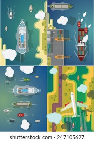 Transport ships and planes set of vector images.