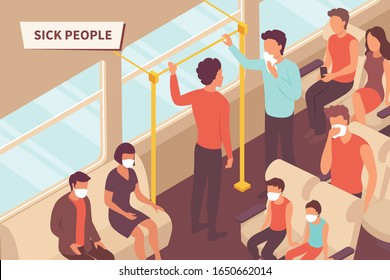 Transport sick people isometric composition with text and inside view of passenger car with ill people vector illustration