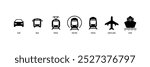 Transport Silhouette Icons. Air, Auto, Railway Transport Pictogram. Stop Station Sign for Public Transport Icon. Car, Bus, Tram, Train, Metro, Plane and Ship Icon in Front View. Vector Illustration.