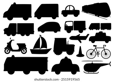 Colección de siluetas de transporte. Conjunto con sombras de coches con ambulancia, camión de bomberos, tren, helicóptero y más. Vehículos Clipart negro. Ilustración vectorial