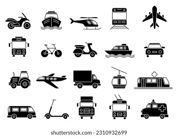 Transport silhouettes set. Black vehicles outline stickers for web and logos. Icons with train, plane, car, ambulance, scooter and tractor. Linear flat vector collection isolated on white background