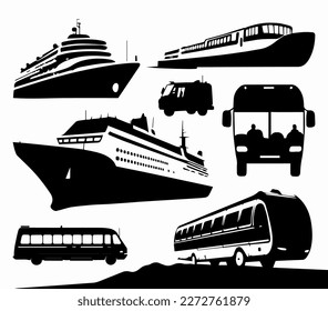 Transport silhouettes set. Cruise ship, bus, boat. Vector