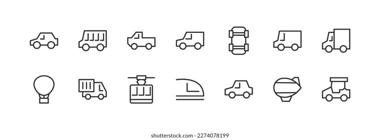 conjunto de iconos sencillo de transporte. Esquema modificable. Pixel perfecto 24x24px. Aislado sobre un fondo blanco