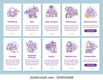 Transport And Sleeping Onboarding Mobile App Page Screen With Concepts. Hitchhiking And Camping. Budget Travel Walkthrough Steps Graphic Instructions. UI Vector Template With RGB Color Illustrations