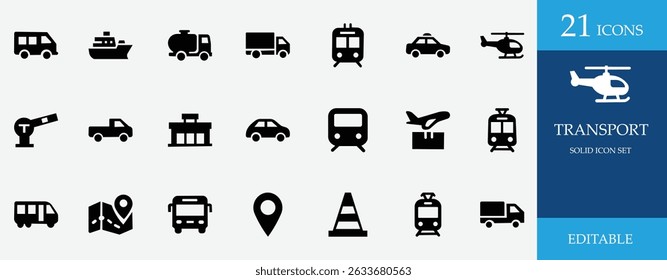 Conjunto de ícone sólido de transporte com ônibus, carro, caminhão, avião, barco, táxi, metrô e símbolos GPS. Perfeito para viagens, trânsito, logística e temas de transporte público.