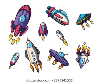Transport in space, rockets, alien transport. Vector graphics for children, space.
