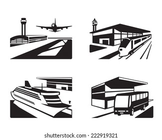 Transport stations with vehicles in perspective - vector illustration