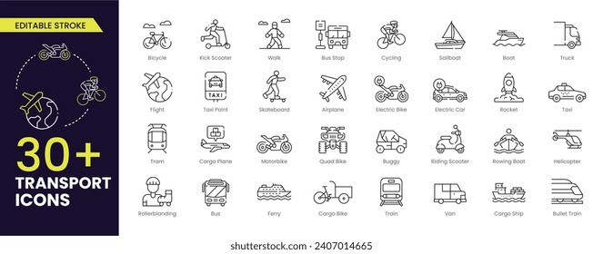 Transport Stroke icon set. Containing car, bike, plane, train, bicycle, motorbike, bus and scooter icons. Solid icon collection.