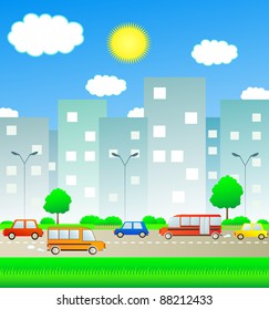transport in summer city with sun and cloud