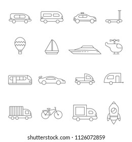 Transport symbols linear. Illustrations of various transport auto truck and van automobile, bike and lorry vector