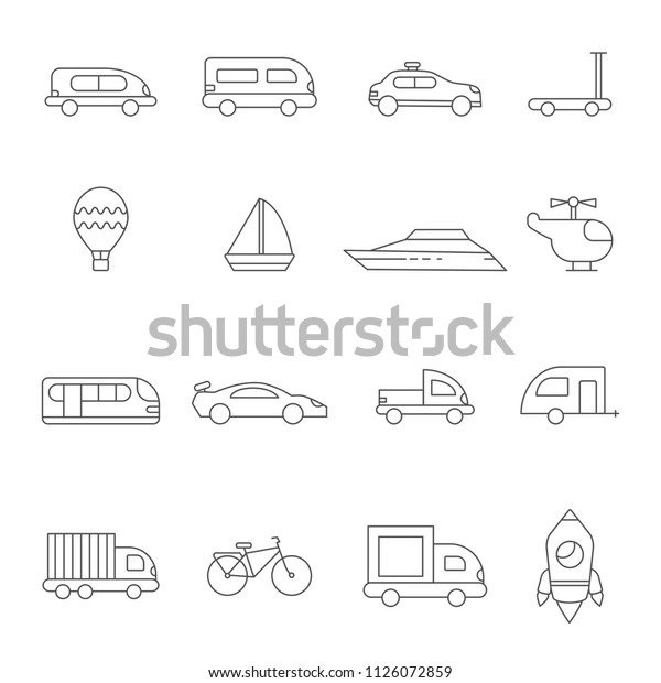 Transport symbols\
linear. Illustrations of various transport auto truck and van\
automobile, bike and lorry\
vector