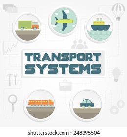 Transport systems phrase transportation and tools. "Transport systems" phrase, transportation (truck, car, ship, airplane and train) and tools 