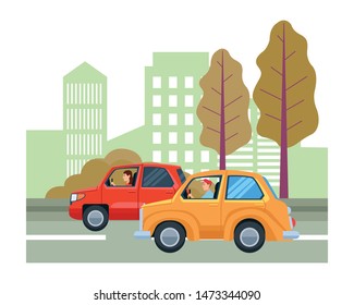 Transport and taxi and car vehicles riding cartoon on the city, urban scenery background ,vector illustration graphic design.