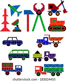 Transport and technical set or game with geometric figures