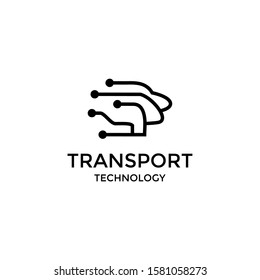 Transport Technology Logo Simple Monoline. Silhouette of Car, Bus, Train, Plane + Digital Circuit Shape.