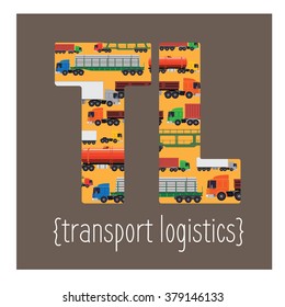Transport template layout. It contains a large number of trucks with different trailers. Trucks line up in the letters T and L, and at the bottom of the header layout.