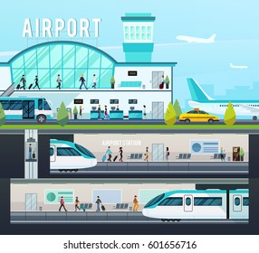 Transport terminal compositions with airport interior elements and planes and railway station with trains isolated vector illustration  