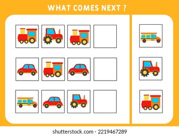 transport theme. What comes next. What will happen next.   Vector illustration. Educational logic game for children. Continue the sequence. Activity page for preschoolers