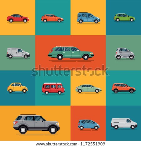 Transport themed vector banner, poster or background template with different types of cars in flat style. Ideal for transport, city life, car rental and environment themed graphic, web and motion desi