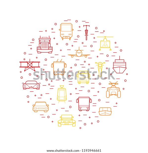 Transport Thin Line Color Round Design
Template Include of Car, Train, Bus, Truck, Ship, Airplane,
Motorcycle and Van. Vector
illustration